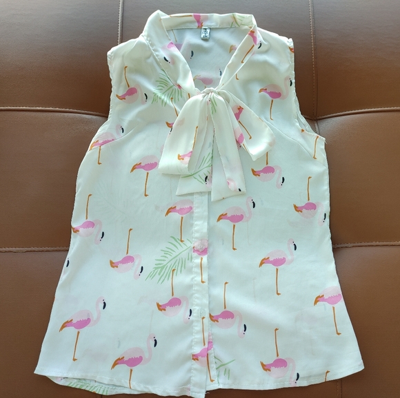 Flamingo Tie-Front Button-Up Blouse - White and Pink - Size Small - Picture 2 of 6